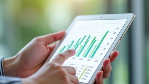 A person happily managing their budget on a tablet, with financial graphs in the background.